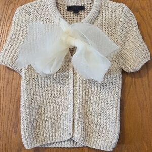 Zara Cream Short-Sleeve Knit Bow Cardigan With Organza